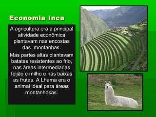 Economia IncaEconomia Inca
A agricultura era a principalA agricultura era a principal
atividade econômicaatividade econômica
plantavam nas encostasplantavam nas encostas
das montanhas.das montanhas.
Mas partes altas plantavamMas partes altas plantavam
batatas resistentes ao frio,batatas resistentes ao frio,
nas áreas intermediariasnas áreas intermediarias
feijão e milho e nas baixasfeijão e milho e nas baixas
as frutas. A Lhama era oas frutas. A Lhama era o
animal ideal para áreasanimal ideal para áreas
montanhosas.montanhosas.
 