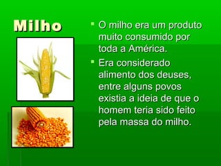 MilhoMilho  O milho era um produtoO milho era um produto
muito consumido pormuito consumido por
toda a América.toda a América.
 Era consideradoEra considerado
alimento dos deuses,alimento dos deuses,
entre alguns povosentre alguns povos
existia a ideia de que oexistia a ideia de que o
homem teria sido feitohomem teria sido feito
pela massa do milho.pela massa do milho.
 