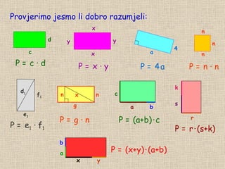 Provjerimo jesmo li dobro razumjeli: P = c ∙ d P = x ∙ y P = 4   a P = n ∙ n P = e 1  ∙ f 1 P = g ∙ n P = (a+b)   ∙   c P = r   ∙   (s+k) P = (x+y)   ∙   (a+b) n c d x y x y e 1 f 1 d 1 a 4 a b c r s k x y a b n n n g n x 