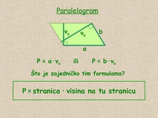 Paralelogram a v a P   = a · v a b v b P   = b · v b ili Što je zajedničko tim formulama?  P   =   stranica   ∙   visina na tu stranicu 