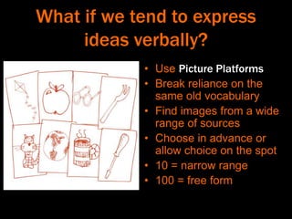 What if we tend to express
ideas verbally?
• Use Picture Platforms
• Break reliance on the
same old vocabulary
• Find imag...
