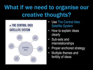 What if we need to organise our
creative thoughts?
• Use The Central Idea
Satellite System
• How to explain ideas
clearly
...