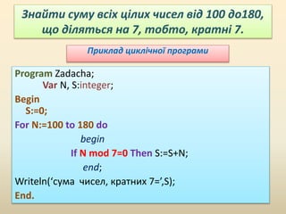 Знайти суму всіх цілих чисел від 100 до180,
що діляться на 7, тобто, кратні 7.
Program Zadacha;
Var N, S:integer;
Begin
S:=0;
For N:=100 to 180 do
begin
If N mod 7=0 Then S:=S+N;
end;
Writeln(‘сума чисел, кратних 7=’,S);
End.
Приклад циклічної програми
 