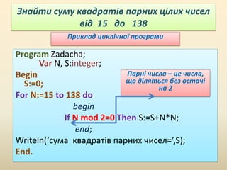 Знайти суму квадратів парних цілих чисел
від 15 до 138
Приклад циклічної програми
Program Zadacha;
Var N, S:integer;
Begin
S:=0;
For N:=15 to 138 do
begin
If N mod 2=0 Then S:=S+N*N;
end;
Writeln(‘сума квадратів парних чисел=’,S);
End.
Парні числа – це числа,
що діляться без остачі
на 2
 