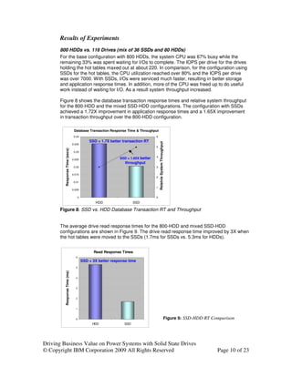 Results of Experiments
       800 HDDs vs. 116 Drives (mix of 36 SSDs and 80 HDDs)
       For the base configuration with 800 HDDs, the system CPU was 67% busy while the
       remaining 33% was spent waiting for I/Os to complete. The IOPS per drive for the drives
       holding the hot tables maxed out at about 220. In comparison, for the configuration using
       SSDs for the hot tables, the CPU utilization reached over 80% and the IOPS per drive
       was over 7000. With SSDs, I/Os were serviced much faster, resulting in better storage
       and application response times. In addition, more of the CPU was freed up to do useful
       work instead of waiting for I/O. As a result system throughput increased.

       Figure 8 shows the database transaction response times and relative system throughput
       for the 800-HDD and the mixed SSD-HDD configurations. The configuration with SSDs
       achieved a 1.72X improvement in application response times and a 1.65X improvement
       in transaction throughput over the 800-HDD configuration.

                                 Database Transaction Response Time & Throughput
                                 0.04                                              6
                                              SSD = 1.7X better transaction RT




                                                                                       Relatvie System Throughput
                                0.035
                                                                                   5
         Response Time (secs)




                                 0.03
                                                                                   4
                                0.025                         SSD = 1.65X better
                                                                 throughput
                                 0.02                                              3

                                0.015
                                                                                   2
                                 0.01
                                                                                   1
                                0.005

                                      0                                            0

                                                 HDD                  SSD

       Figure 8: SSD vs. HDD Database Transaction RT and Throughput


       The average drive read response times for the 800-HDD and mixed SSD-HDD
       configurations are shown in Figure 9. The drive read response time improved by 3X when
       the hot tables were moved to the SSDs (1.7ms for SSDs vs. 5.3ms for HDDs).


                                                Read Response Times
                                  6
                                          SSD = 3X better response time
                                  5
         Response Time (ms)




                                  4



                                  3



                                  2



                                  1



                                  0                                                                            Figure 9: SSD-HDD RT Comparison
                                                HDD             SSD




Driving Business Value on Power Systems with Solid State Drives
© Copyright IBM Corporation 2009 All Rights Reserved                                                                                  Page 10 of 23
 