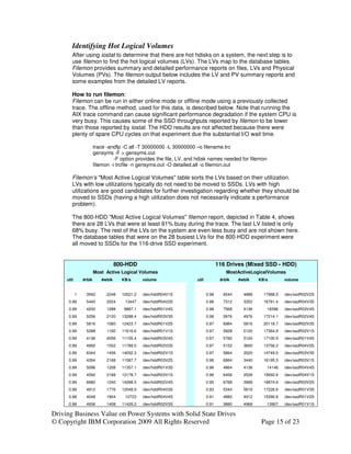 Identifying Hot Logical Volumes
        After using iostat to determine that there are hot hdisks on a system, the next step is to
        use filemon to find the hot logical volumes (LVs). The LVs map to the database tables.
        Filemon provides summary and detailed performance reports on files, LVs and Physical
        Volumes (PVs). The filemon output below includes the LV and PV summary reports and
        some examples from the detailed LV reports.

        How to run filemon:
        Filemon can be run in either online mode or offline mode using a previously collected
        trace. The offline method, used for this data, is described below. Note that running the
        AIX trace command can cause significant performance degradation if the system CPU is
        very busy. This causes some of the SSD throughputs reported by filemon to be lower
        than those reported by iostat. The HDD results are not affected because there were
        plenty of spare CPU cycles on that experiment due the substantial I/O wait time.

                        trace -andfp -C all -T 30000000 -L 30000000 –o filename.trc
                        gensyms -F > gensyms.out
                                  -F option provides the file, LV, and hdisk names needed for filemon
                        filemon -i trcfile -n gensyms.out -O detailed,all -o filemon.out

        Filemon’s "Most Active Logical Volumes" table sorts the LVs based on their utilization.
        LVs with low utilizations typically do not need to be moved to SSDs. LVs with high
        utilizations are good candidates for further investigation regarding whether they should be
        moved to SSDs (having a high utilization does not necessarily indicate a performance
        problem).

        The 800-HDD "Most Active Logical Volumes" filemon report, depicted in Table 4, shows
        there are 28 LVs that were at least 91% busy during the trace. The last LV listed is only
        68% busy. The rest of the LVs on the system are even less busy and are not shown here.
        The database tables that were on the 28 busiest LVs for the 800-HDD experiment were
        all moved to SSDs for the 116-drive SSD experiment.


                                   800-HDD                                          116 Drives (Mixed SSD - HDD)
                        Most Active Logical Volumes                                     MostActiveLogicalVolumes
     util       #rblk      #wblk     KB/s      volume                 util           #rblk   #wblk    KB/s        volume


            1    3592         2248   10521.2   /dev/hddR04V1S                0.98     6544     4888     17968.5   /dev/ssdR02V2S
      0.99       5440         2024    13447    /dev/hddR04V2S                0.98     7312     3352     16761.4   /dev/ssdR04V3S
      0.99       4200         1288    9887.1   /dev/hddR01V4S                0.98     7568     4136      18396    /dev/ssdR03V4S
      0.99       5256         2120   13288.4   /dev/hddR03V3S                0.98     5976     4976     17214.1   /dev/ssdR02V4S
      0.99       5816         1080   12423.7   /dev/hddR01V2S                0.97     6984     5816     20118.7   /dev/ssdR02V3S
      0.99       5288         1160   11616.6   /dev/hddR01V1S                0.97     5928     5120     17364.9   /dev/ssdR02V1S
      0.99       4136         2056   11155.4   /dev/hddR03V4S                0.97     5760     5120     17100.9   /dev/ssdR01V4S
      0.99       4992         1552   11789.5   /dev/hddR02V2S                0.97     5152     3600     13756.2   /dev/ssdR04V2S
      0.99       6344         1456   14052.3   /dev/hddR02V1S                0.97     5864     3520     14749.5   /dev/ssdR03V3S
      0.99       4264         2168   11587.7   /dev/hddR03V2S                0.96     6864     3440     16195.5   /dev/ssdR03V1S
      0.99       5096         1208   11357.1   /dev/hddR01V3S                0.96     4864     4136      14146    /dev/ssdR04V4S
      0.99       4592         2168   12178.7   /dev/hddR03V1S                0.96     6456     3528     15692.6   /dev/ssdR04V1S
      0.99       6680         1240   14268.5   /dev/hddR02V4S                0.95     6768     3968     16874.6   /dev/ssdR03V2S
      0.99       4912         1776   12048.9   /dev/hddR04V3S                0.93     5344     5616     17226.6   /dev/ssdR01V3S
      0.98       4048         1904    10723    /dev/hddR04V4S                0.91     4880     4912     15390.8   /dev/ssdR01V2S
      0.98       4936         1408   11429.2   /dev/hddR02V3S                0.91     3880     4968      13907    /dev/ssdR01V1S

Driving Business Value on Power Systems with Solid State Drives
© Copyright IBM Corporation 2009 All Rights Reserved                                                   Page 15 of 23
 
