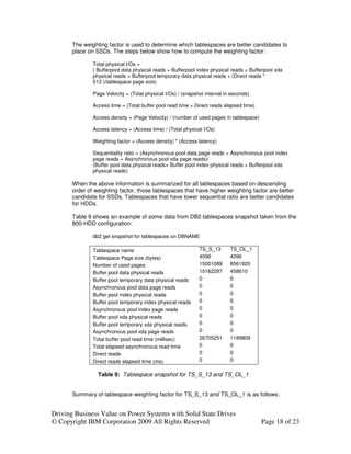 The weighting factor is used to determine which tablespaces are better candidates to
       place on SSDs. The steps below show how to compute the weighting factor:

               Total physical I/Os =
               ( Bufferpool data physical reads + Bufferpool index physical reads + Bufferpool xda
               physical reads + Bufferpool temporary data physical reads + (Direct reads *
               512 )/tablespace page size)

               Page Velocity = (Total physical I/Os) / (snapshot interval in seconds)

               Access time = (Total buffer pool read time + Direct reads elapsed time)

               Access density = (Page Velocity) / (number of used pages in tablespace)

               Access latency = (Access time) / (Total physical I/Os)

               Weighting factor = (Access density) * (Access latency)

               Sequentiality ratio = (Asynchronous pool data page reads + Asynchronous pool index
               page reads + Asynchronous pool xda page reads)/
               (Buffer pool data physical reads+ Buffer pool index physical reads + Bufferpool xda
               physical reads)

       When the above information is summarized for all tablespaces based on descending
       order of weighting factor, those tablespaces that have higher weighting factor are better
       candidate for SSDs. Tablespaces that have lower sequential ratio are better candidates
       for HDDs.

       Table 9 shows an example of some data from DB2 tablespaces snapshot taken from the
       800-HDD configuration:

               db2 get snapshot for tablespaces on DBNAME

               Tablespace name                                TS_S_13       TS_OL_1
               Tablespace Page size (bytes)                   4096          4096
               Number of used pages                           15001088      8561920
               Buffer pool data physical reads                10162297      458610
               Buffer pool temporary data physical reads      0             0
               Asynchronous pool data page reads              0             0
               Buffer pool index physical reads               0             0
               Buffer pool temporary index physical reads     0             0
               Asynchronous pool index page reads             0             0
               Buffer pool xda physical reads                 0             0
               Buffer pool temporary xda physical reads       0             0
               Asynchronous pool xda page reads               0             0
               Total buffer pool read time (millisec)         26705251      1189809
               Total elapsed asynchronous read time           0             0
               Direct reads                                   0             0
               Direct reads elapsed time (ms)                 0             0

                 Table 9: Tablespace snapshot for TS_S_13 and TS_OL_1


       Summary of tablespace weighting factor for TS_S_13 and TS_OL_1 is as follows:


Driving Business Value on Power Systems with Solid State Drives
© Copyright IBM Corporation 2009 All Rights Reserved                                     Page 18 of 23
 