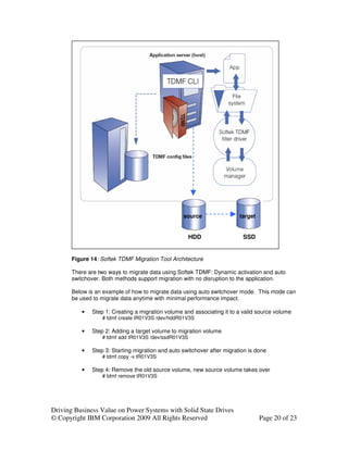 source                 target


                                                      HDD                 SSD


       Figure 14: Softek TDMF Migration Tool Architecture

       There are two ways to migrate data using Softek TDMF: Dynamic activation and auto
       switchover. Both methods support migration with no disruption to the application.

       Below is an example of how to migrate data using auto switchover mode. This mode can
       be used to migrate data anytime with minimal performance impact.

          •   Step 1: Creating a migration volume and associating it to a valid source volume
                  # tdmf create tR01V3S /dev/hddR01V3S

          •   Step 2: Adding a target volume to migration volume
                  # tdmf add tR01V3S /dev/ssdR01V3S

          •   Step 3: Starting migration and auto switchover after migration is done
                  # tdmf copy -x tR01V3S

          •   Step 4: Remove the old source volume, new source volume takes over
                  # tdmf remove tR01V3S




Driving Business Value on Power Systems with Solid State Drives
© Copyright IBM Corporation 2009 All Rights Reserved                              Page 20 of 23
 
