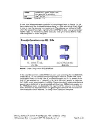 Server         Power 550 Express Model 8204-
                            E8A with 128GB of memory
                               ™
             OS             AIX 61 TL2
             Database       DB2 9.5 FP3


       In total, three experiments were conducted by using different types of storage. For the
       base configuration, the entire database was placed on HDDs using a total of 800 drives
       in order to meet the response time requirements. The database was built using RAID5
       where the tables containing the highest number of IOPS (hot data) were spread across
       720 FC HDDs and the remaining tables (cold data) were spread across 80 SAS HDDs.
       The configuration is shown in Figure 5.



        Base Configuration using 800 HDDs




                720 x 15K RPM FC HDDs                      80 x 15K RPM SAS HDDs
                      (Hot Data)                                 (Cold Data)

       Figure 5: Base Configuration Using 800 HDDs


       In the second experiment a total of 116 drives were used consisting of a mix of 36 SSDs
       and 80 HDDs. The hot database tables were placed on the SSDs and the colds tables
       remained on the 80 SAS HDDs. The 36 SSDs were placed in 6 EXP12S drawers. Each
       EXP12S was attached to a PCI-X DDR 1.5 GB Cache SAS RAID Adapter. A total of six
       5+P RAID5 arrays were created on the SSDs. The cache on RAID adapters can become
       a performance bottleneck for some workloads with this many SSDs on one adapter, so
       the RAID adapter cache was disabled for this experiment. The response times for these
       SSDs is so fast that the database saw very good response times on this workload even
       with the adapter's cache disabled. The configuration is depicted in Figure 6.




Driving Business Value on Power Systems with Solid State Drives
© Copyright IBM Corporation 2009 All Rights Reserved                               Page 8 of 23
 