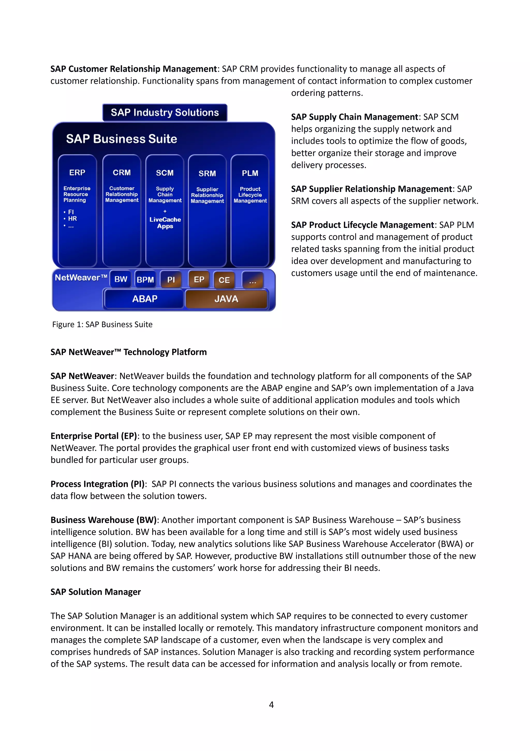 SAP NetWeaver™ Technology Platform
SAP NetWeaver: NetWeaver builds the foundation and technology platform for all components of the SAP
Business Suite. Core technology components are the ABAP engine and SAP’s own implementation of a Java
EE server. But NetWeaver also includes a whole suite of additional application modules and tools which
complement the Business Suite or represent complete solutions on their own.
Enterprise Portal (EP): to the business user, SAP EP may represent the most visible component of
NetWeaver. The portal provides the graphical user front end with customized views of business tasks
bundled for particular user groups.
Process Integration (PI): SAP PI connects the various business solutions and manages and coordinates the
data flow between the solution towers.
Business Warehouse (BW): Another important component is SAP Business Warehouse – SAP’s business
intelligence solution. BW has been available for a long time and still is SAP’s most widely used business
intelligence (BI) solution. Today, new analytics solutions like SAP Business Warehouse Accelerator (BWA) or
SAP HANA are being offered by SAP. However, productive BW installations still outnumber those of the new
solutions and BW remains the customers’ work horse for addressing their BI needs.
SAP Solution Manager
The SAP Solution Manager is an additional system which SAP requires to be connected to every customer
environment. It can be installed locally or remotely. This mandatory infrastructure component monitors and
manages the complete SAP landscape of a customer, even when the landscape is very complex and
comprises hundreds of SAP instances. Solution Manager is also tracking and recording system performance
of the SAP systems. The result data can be accessed for information and analysis locally or from remote.
4
 