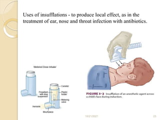 Uses of insufflations - to produce local effect, as in the
treatment of ear, nose and throat infection with antibiotics.
10/21/2021 23
 