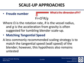 9/5/2015 13
Scale up of Powder Blending
March 2014
13 of 50
Tehran University of Medical
Sciences
School of Pharmacy
SCALE-UP APPROACHES
• Froude number
Fr=Ω2R/g
Where Ω is the rotation rate, R is the vessel radius,
and g is the acceleration from gravity is often
suggested for tumbling blender scale-up.
• Matching Tangential Speed
A less commonly recommended scaling strategy is to
match the tangential speed (wall speed) of the
blender; however, this hypothesis also remains
untested
Whatisthe dimensionofFr?
 