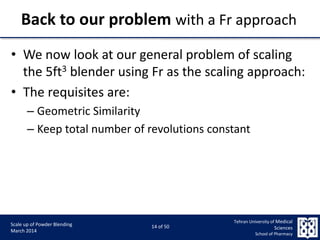 9/5/2015 14
Scale up of Powder Blending
March 2014
14 of 50
Tehran University of Medical
Sciences
School of Pharmacy
Back to our problem with a Fr approach
• We now look at our general problem of scaling
the 5ft3 blender using Fr as the scaling approach:
• The requisites are:
– Geometric Similarity
– Keep total number of revolutions constant
 
