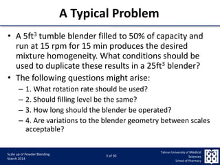 9/5/2015 3
Scale up of Powder Blending
March 2014
3 of 50
Tehran University of Medical
Sciences
School of Pharmacy
A Typical Problem
• A 5ft3 tumble blender filled to 50% of capacity and
run at 15 rpm for 15 min produces the desired
mixture homogeneity. What conditions should be
used to duplicate these results in a 25ft3 blender?
• The following questions might arise:
– 1. What rotation rate should be used?
– 2. Should filling level be the same?
– 3. How long should the blender be operated?
– 4. Are variations to the blender geometry between scales
acceptable?
 