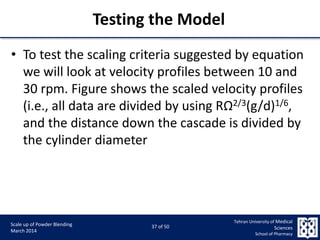 9/5/2015 37
Scale up of Powder Blending
March 2014
37 of 50
Tehran University of Medical
Sciences
School of Pharmacy
Testing the Model
• To test the scaling criteria suggested by equation
we will look at velocity profiles between 10 and
30 rpm. Figure shows the scaled velocity profiles
(i.e., all data are divided by using RΩ2/3(g/d)1/6,
and the distance down the cascade is divided by
the cylinder diameter
 