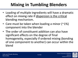 9/5/2015 9
Scale up of Powder Blending
March 2014
9 of 50
Tehran University of Medical
Sciences
School of Pharmacy
Mixing in Tumbling Blenders
• Loading of multiple ingredients will have a dramatic
effect on mixing rate if dispersion is the critical
blending mechanism.
• Care must be taken when loading a minor (~1%)
component into the blender
• The order of constituent addition can also have
significant effects on the degree of final
homogeneity, especially if ordered mixing (bonding
of one component to another) can occur within the
blend
 