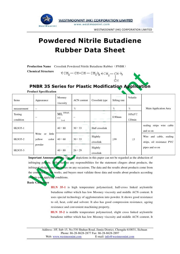 Powdered nitrile butadiene rubber data sheet