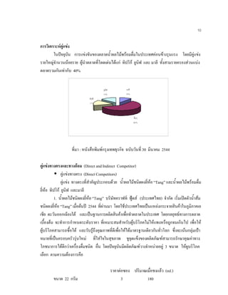 10
การวิเคราะหคูแขง
ในปจจุบัน การแขงขันของตลาดนํ้าผลไมพรอมดื่มในประเทศคอนขางรุนแรง โดยมีคูแขง
รายใหญจํานวนนอยราย ผูนําตลาดที่โดดเดนไดแก ทิปโก ยูนิฟ และ มาลี ทั้งสามรายครองสวนแบง
ตลาดรวมกันเทากับ 40%
ที่มา : หนังสือพิมพกรุงเทพธุรกิจ ฉบับวันที่ 30 มีนาคม 2544
คูแขงทางตรงและทางออม (Direct and Indirect Competitor)
คูแขงทางตรง (Direct Competitors)
คูแขง ทางตรงที่สําคัญประกอบดวย นํ้าผลไมชนิดผงยี่หอ “Tang” และนํ้าผลไมพรอมดื่ม
ยี่หอ ทิปโก ยูนิฟ และมาลี
1. นํ้าผลไมชนิดผงยี่หอ “Tang” บริษัทคราฟท ฟูดส (ประเทศไทย) จํากัด เริ่มเปดตัวนํ้าสม
ชนิดผงยี่หอ “Tang” เมื่อตนป 2544 ที่ผานมา โดยใชประเทศไทยเปนแหลงกระจายสินคาในภูมิภาคเอ
เชีย ตะวันออกเฉียงใต และเปนฐานการผลิตสินคาเพื่อทําตลาดในประเทศ โดยกลยุทธทางการตลาด
เบื้องตน จะทําการกําหนดระดับราคา ที่เหมาะสมสําหรับผูบริโภคไมใหแพงหรือถูกจนเกินไป เพื่อให
ผูบริโภคสามารถซื้อได และรับรูถึงคุณภาพที่ดีเพื่อใหไดมาตรฐานเดียวกันทั่วโลก ซึ่งจะเนนกลุมเปา
หมายที่เปนครอบครัวรุนใหม ที่ใสใจในสุขภาพ ชูจุดแข็งของผลิตภัณฑสามารถรักษาคุณคาทาง
โภชนาการไดดีกวาเครื่องดื่มชนิด อื่น โดยปจจุบันมีผลิตภัณฑวางจําหนายอยู 3 ขนาด ใหผูบริโภค
เลือก ตามความตองการคือ
ราคาตอซอง ปริมาณเมื่อชงแลว (ml.)
ขนาด 22 กรัม 3 180
มาลี
10%
อื่นๆ
60%
ยูนิฟ
13%
ทิปโก
17%
 
