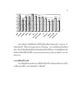 28
จากการวิจัยพบวา ปจจัยที่มีผลตอการซื้อนํ้าผลไมมากที่สุด 5 อันดับแรกคือ ความสะอาด รส
ชาติของนํ้าผลไม ไดรับการรับรองคุณภาพจากอ.ย. มีวิตามินสูง และ ความเขมขนของนํ้าผลไมตาม
ลําดับ ซึ่งจะเห็นไดวาเปนปจจัยที่เกี่ยวของกับตัวผลิตภัณฑนํ้าผลไมทั้งหมด สวนปจจัยที่มีผลคอนขาง
นอยตอการตัดสินใจซื้อนํ้าผลไมคือ ความหลากหลายของขนาดบรรจุ รูปแบบบรรจุภัณฑ และการสง
เสริมการขาย
4. สถานที่ที่เลือกซื้อนํ้าผลไม
ในการวิจัยกลุมตัวอยางจะพิจารณาวาจะซื้อนํ้าผลไมจากที่ใด โดยเรียงตามลําดับจากความถี่ ใน
การซื้อจากสถานที่นั้น และนํามาจัดลําดับที่ 1-5 ไดผลดังนี้
 