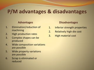 P/M advantages & disadvantages
Advantages Disadvantages
1. Elimination/reduction of
machining
2. High production rates
3. Complex shapes can be
produced
4. Wide composition variations
are possible
5. Wide property variations
are possible
6. Scrap is eliminated or
reduced
1. Inferior strength properties
2. Relatively high die cost
3. High material cost
 