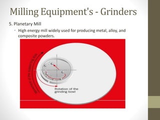 Milling Equipment's - Grinders
5. Planetary Mill
• High energy mill widely used for producing metal, alloy, and
composite powders.
 