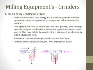 Milling Equipment's - Grinders
6. Fluid Energy Grinding or Jet Mill
• The basic principle of fluid energy mill is to induce particles to collide
against each other at high velocity, causing them to fracture into fine
particles.
• The pressurized fluid is introduced into the grinding zone through
specially designed nozzles which convert the applied pressure to kinetic
energy. Also materials to be powdered are introduced simultaneously
into the turbulent zone.
• Can create powders of average particle size less than 5 μm.
• The fluid used is either air about 0.7 MPa or stream at 2 MPa.
 