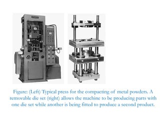 Figure: (Left) Typical press for the compacting of metal powders. A
removable die set (right) allows the machine to be producing parts with
one die set while another is being fitted to produce a second product.
 