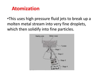 Atomization
•This uses high pressure fluid jets to break up a
molten metal stream into very fine droplets,
which then solidify into fine particles.
 