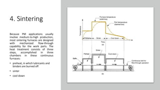 4. Sintering
Because PM applications usually
involve medium-to-high production,
most sintering furnaces are designed
with mechanized flow-through
capability for the work parts. The
heat treatment consists of three
steps, accomplished in three
chambers in these continuous
furnaces:
• preheat, in which lubricants and
binders are burned off
• sinter
• cool down
 