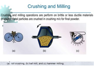 Crushing and milling operations are perform on brittle or less ductile materials
(metals). Metal particles are crushed in crushing m/c for final powder.
Crushing and Milling
 