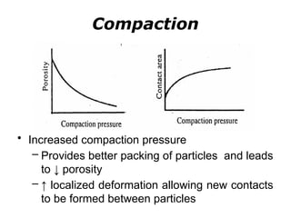 • Increased compaction pressure
– Provides better packing of particles and leads
to ↓ porosity
– ↑ localized deformation allowing new contacts
to be formed between particles
Compaction
 