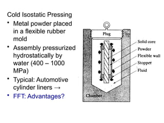 Cold Isostatic Pressing
• Metal powder placed
in a flexible rubber
mold
• Assembly pressurized
hydrostatically by
water (400 – 1000
MPa)
• Typical: Automotive
cylinder liners →
• FFT: Advantages?
 