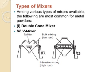 Types of Mixers
 Among various types of mixers available,
the following are most common for metal
powders:
 (i) Double Cone Mixer
 (ii) V-Mixer
 