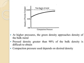  At higher pressures, the green density approaches density of
the bulk metal
 Pressed density greater than 90% of the bulk density is
difficult to obtain
 Compaction pressure used depends on desired density
 