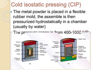 Cold isostatic pressing (CIP)
 The metal powder is placed in a flexible
rubber mold, the assemble is then
pressurized hydrostatically in a chamber
(usually by water)
 The pressure range is from 400-1000 MPa
 