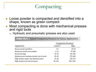 Compacting
 Loose powder is compacted and densified into a
shape, known as green compact
 Most compacting is done with mechanical presses
and rigid tools
 Hydraulic and pneumatic presses are also used
 