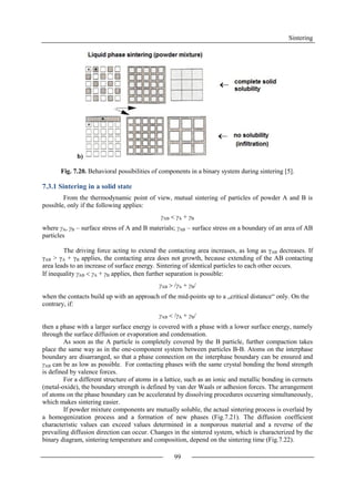 Sintering
99
b)
Fig. 7.20. Behavioral possibilities of components in a binary system during sintering [5].
7.3.1 Sintering in a solid state
From the thermodynamic point of view, mutual sintering of particles of powder A and B is
possible, only if the following applies:
γAB  γA + γB
where γA, γB – surface stress of A and B materials; γAB – surface stress on a boundary of an area of AB
particles
The driving force acting to extend the contacting area increases, as long as γAB decreases. If
γAB > γA + γB applies, the contacting area does not growth, because extending of the AB contacting
area leads to an increase of surface energy. Sintering of identical particles to each other occurs.
If inequality γAB  γA + γB applies, then further separation is possible:
γAB  /γA + γB/
when the contacts build up with an approach of the mid-points up to a „critical distance“ only. On the
contrary, if:
γAB  /γA + γB/
then a phase with a larger surface energy is covered with a phase with a lower surface energy, namely
through the surface diffusion or evaporation and condensation.
As soon as the A particle is completely covered by the B particle, further compaction takes
place the same way as in the one-component system between particles B-B. Atoms on the interphase
boundary are disarranged, so that a phase connection on the interphase boundary can be ensured and
γAB can be as low as possible. For contacting phases with the same crystal bonding the bond strength
is defined by valence forces.
For a different structure of atoms in a lattice, such as an ionic and metallic bonding in cermets
(metal-oxide), the boundary strength is defined by van der Waals or adhesion forces. The arrangement
of atoms on the phase boundary can be accelerated by dissolving procedures occurring simultaneously,
which makes sintering easier.
If powder mixture components are mutually soluble, the actual sintering process is overlaid by
a homogenization process and a formation of new phases (Fig.7.21). The diffusion coefficient
characteristic values can exceed values determined in a nonporous material and a reverse of the
prevailing diffusion direction can occur. Changes in the sintered system, which is characterized by the
binary diagram, sintering temperature and composition, depend on the sintering time (Fig.7.22).
 