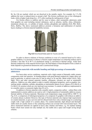 Powder metallurgy product and applications
130
Bi, Sn, Cd) are reached, which are not dissolved in the metallic matrix. For example, by 5 % Pb
addition the wear is reduced down to around a half. The friction coefficient rises at low tribological
loads, while at higher loads drops by c. 25 % after reaching the melting point of lead.
For friction effects to stabilize and for wear to reduce, other nonmetallic admixtures aside
from graphite are used including mineral substances, such as asbestos, mullite, silica, sillimanite,
aluminium silicates etc., or carbides of metals, nitrides, phosphides and sulphides (FeS, PbS, MoS2,
Sb2S3, BaSO4). The above mentioned additives promote a formation and stabilization of reaction
layers, leading to a friction material loadability increase.
Fig. 8.21 Iron-based brake pads for Toyota cars [9].
In order to observe relations of friction conditions to wear of a material based on Fe with a
graphite addition, it is necessary to observe a friction couple temperature on contacting surfaces and to
consider a fact that 70 to 80 % of mechanical energy is converted to thermal energy. Aside from
thermal conductivity of the material friction layer, the total balance of heat dissipation from a clutch or
brake depends on geometrical dimensions and a constructional design.
8.4.5 Friction materials with metallic bonding and high percentage of nonmetallic
admixtures
For heavy-duty service conditions, materials with a high content of thermally stable ceramic
components come into question. As bonding phases with good thermal conductivity copper alloys are
used in particular, in special events also Fe and its alloys or Ni and Mo. Metal oxides (Al2O3, SiO2,
MgO, TiO2) and other mineral materials (mullite, sillimanite, silicates) are used as nonmetallic
additives. Additives are often added in order to modify tribological properties, such as graphite, low-
melting metals, sulphides, carbides, phosphides or intermetallic phases (Laves’ phases of Co-Mo-Si or
Co-Mo-Cr-Si systems) which are very hard and wear-resistant. A content of additives implemented-in
to a metallic matrix is commonly higher than 50 vol.%.
In addition to friction materials with a metallic matrix, composites carbon – carbon fibers with
implemented-in ceramic additives are used as well. A high proportion of nonmetallic additives ensures
thermal stability of friction materials. Maximum work temperatures range around 600 to 1000 °C. In
Fig. 8.22, a comparison of tribological properties of a composite Fe-graphite with/without an additive
of ceramic phases is plotted. However, this type of friction materials also imposes high requirements
on counter-materials, so grey cast iron and low-alloyed steels have only a limited usage in a contacting
couple with a high content of a ceramic phase. For counter-materials, high alloyed and thermally
stable steels are usually chosen or the contacting surfaces are covered with wear-resistant layers. The
above mentioned materials are applied in heavy duty clutches and brakes, e.g. for airplane landing
brakes which must sustain not only multiple use, but enable also a space and weight saving design
solution.
 