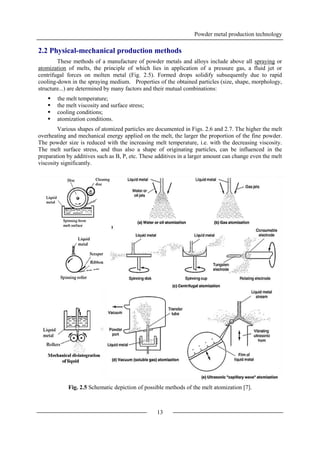Powder metal production technology
13
2.2 Physical-mechanical production methods
These methods of a manufacture of powder metals and alloys include above all spraying or
atomization of melts, the principle of which lies in application of a pressure gas, a fluid jet or
centrifugal forces on molten metal (Fig. 2.5). Formed drops solidify subsequently due to rapid
cooling-down in the spraying medium. Properties of the obtained particles (size, shape, morphology,
structure...) are determined by many factors and their mutual combinations:
 the melt temperature;
 the melt viscosity and surface stress;
 cooling conditions;
 atomization conditions.
Various shapes of atomized particles are documented in Figs. 2.6 and 2.7. The higher the melt
overheating and mechanical energy applied on the melt, the larger the proportion of the fine powder.
The powder size is reduced with the increasing melt temperature, i.e. with the decreasing viscosity.
The melt surface stress, and thus also a shape of originating particles, can be influenced in the
preparation by additives such as B, P, etc. These additives in a larger amount can change even the melt
viscosity significantly.
Fig. 2.5 Schematic depiction of possible methods of the melt atomization [7].
 