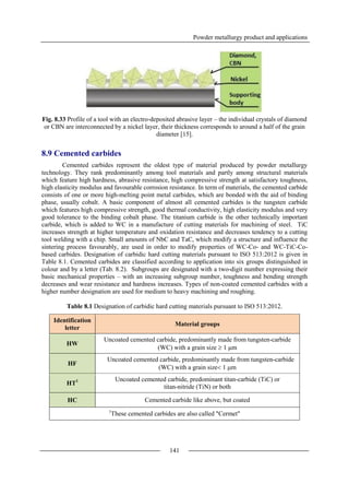 Powder metallurgy product and applications
141
Fig. 8.33 Profile of a tool with an electro-deposited abrasive layer – the individual crystals of diamond
or CBN are interconnected by a nickel layer, their thickness corresponds to around a half of the grain
diameter [15].
8.9 Cemented carbides
Cemented carbides represent the oldest type of material produced by powder metallurgy
technology. They rank predominantly among tool materials and partly among structural materials
which feature high hardness, abrasive resistance, high compressive strength at satisfactory toughness,
high elasticity modulus and favourable corrosion resistance. In term of materials, the cemented carbide
consists of one or more high-melting point metal carbides, which are bonded with the aid of binding
phase, usually cobalt. A basic component of almost all cemented carbides is the tungsten carbide
which features high compressive strength, good thermal conductivity, high elasticity modulus and very
good tolerance to the binding cobalt phase. The titanium carbide is the other technically important
carbide, which is added to WC in a manufacture of cutting materials for machining of steel. TiC
increases strength at higher temperature and oxidation resistance and decreases tendency to a cutting
tool welding with a chip. Small amounts of NbC and TaC, which modify a structure and influence the
sintering process favourably, are used in order to modify properties of WC-Co- and WC-TiC-Co-
based carbides. Designation of carbidic hard cutting materials pursuant to ISO 513:2012 is given in
Table 8.1. Cemented carbides are classified according to application into six groups distinguished in
colour and by a letter (Tab. 8.2). Subgroups are designated with a two-digit number expressing their
basic mechanical properties – with an increasing subgroup number, toughness and bending strength
decreases and wear resistance and hardness increases. Types of non-coated cemented carbides with a
higher number designation are used for medium to heavy machining and roughing.
Table 8.1 Designation of carbidic hard cutting materials pursuant to ISO 513:2012.
Identification
letter
Material groups
HW
Uncoated cemented carbide, predominantly made from tungsten-carbide
(WC) with a grain size  1 m
HF
Uncoated cemented carbide, predominantly made from tungsten-carbide
(WC) with a grain size 1 m
HT1 Uncoated cemented carbide, predominant titan-carbide (TiC) or
titan-nitride (TiN) or both
HC Cemented carbide like above, but coated
1
These cemented carbides are also called "Cermet"
 