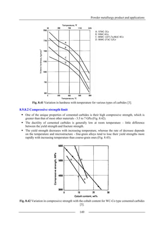 Powder metallurgy product and applications
149
Fig. 8.41 Variation in hardness with temperature for various types of carbides [3].
8.9.8.2 Compressive strength limit
 One of the unique properties of cemented carbides is their high compressive strength, which is
greater than that of most other materials - 3.5 to 7 GPa (Fig. 8.42).
 The ductility of cemented carbides is generally low at room temperature – little difference
between the yield strength and fracture strength.
 The yield strength decreases with increasing temperature, whereas the rate of decrease depends
on the temperature and microstructure - fine-grain alloys tend to lose their yield strengths more
rapidly with increasing temperature than coarse-grain ones (Fig. 8.43).
Fig. 8.42 Variation in compressive strength with the cobalt content for WC-Co type cemented carbides
[3].
 