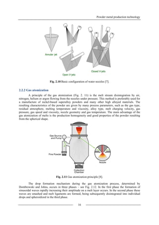 Powder metal production technology
16
Fig. 2.10 Basic configuration of water nozzles [7].
2.2.2 Gas atomization
A principle of the gas atomization (Fig. 2. 11) is the melt stream disintegration by air,
nitrogen, helium or argon flowing from the nozzles under pressure. This method is preferably used for
a manufacture of nickel-based superalloy powders and many other high alloyed materials. The
resulting characteristics of the powder are given by many process parameters, such as the gas type,
residual atmosphere, melting temperature and viscosity, alloy type, melt charging velocity, gas
pressure, gas speed and viscosity, nozzle geometry and gas temperature. The main advantage of the
gas atomization of melts is the production homogeneity and good properties of the powder resulting
from the spherical shape.
Fig. 2.11 Gas atomization principle [8].
The drop formation mechanism during the gas atomization process, determined by
Dombrowski and Johns, occurs in three phases – see Fig. 2.12. In the first phase the formation of
sinusoidal waves rapidly increasing their amplitude on a melt layer occurs. In the second phase these
waves are smashed and melt ligaments are formed, being subsequently disintegrated into individual
drops and spheroidized in the third phase.
 
