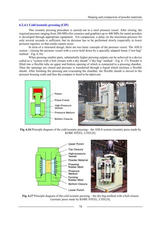Shaping and compaction of powder materials
74
6.2.4.1 Cold isostatic pressing (CIP)
This isostatic pressing procedure is carried out in a steel pressure vessel. After closing, the
required pressure ranging from 200 MPa (for ceramics and graphite) up to 400 MPa for metal powders
is developed through appropriate equipment. For compaction, a delay on the maximum pressure for
only several seconds is sufficient, but its decrease has to be performed slowly (especially in lower
pressure regions), so that cracks cannot occur.
In term of a structural design, there are two basic concepts of the pressure vessel. The ASEA
system - closing the pressure vessel with a cover hold down by a specially adapted frame (“wet bag”
method – Fig. 6.16).
When pressing smaller parts, substantially higher pressing outputs can be achieved in a device
called as a “system with a bolt closure with a dry sheath” (“dry bag” method – Fig. 6. 17). Powder is
filled into a flexible tube an upper and bottom opening of which is connected to a pressing chamber.
Then the openings are closed and pressure is transferred through a liquid which encloses a flexible
sheath. After finishing the pressing and evacuating the chamber, the flexible sheath is moved to the
pressure housing walls and thus the compact is freed to be taken-out.
Fig. 6.16 Principle diagram of the cold isostatic pressing – the ASEA system (isostatic press made by
KOBE STEEL, LTD) [8].
Fig. 6.17 Principle diagram of the cold isostatic pressing – the dry bag method with a bolt closure
(isostatic press made by KOBE STEEL, LTD) [9].
 