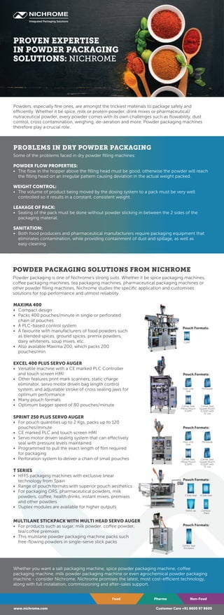 Powders, especially fine ones, are amongst the trickiest materials to package safely and
efficiently. Whether it be spice, milk or protein powder, drink mixes or pharmaceutical/
nutraceutical powder, every powder comes with its own challenges such as flowability, dust
control, cross contamination, weighing, de-aeration and more. Powder packaging machines
therefore play a crucial role.
Food Pharma Non-Food
www.nichrome.com Customer Care +91 8600 97 8600
Some of the problems faced in dry powder filling machines:
POWDER FLOW PROPERTIES:
• The flow in the hopper above the filling head must be good, otherwise the powder will reach
the filling head on an irregular pattern causing deviation in the actual weight packed.
WEIGHT CONTROL:
• The volume of product being moved by the dosing system to a pack must be very well
controlled so it results in a constant, consistent weight.
LEAKAGE OF PACK:
• Sealing of the pack must be done without powder sticking in between the 2 sides of the
packaging material.
SANITATION:
• Both food producers and pharmaceutical manufacturers require packaging equipment that
eliminates contamination, while providing containment of dust and spillage, as well as
easy cleaning.
MAXIMA 400
• Compact design
• Packs 400 pouches/minute in single or perforated
chain of pouches
• A PLC-based control system
• A favourite with manufacturers of food powders such
as blended spices, ground spices, premix powders,
dairy whiteners, soup mixes, etc.
• Also available Maxima 200, which packs 200
pouches/min.
EXCEL 400 PLUS SERVO AUGER
• Versatile machine with a CE marked PLC Controller
and touch screen HMI
• Other features:print mark scanners, static charge
eliminator, servo motor driven bag length control
system, and adjustable stroke of cross sealing jaws for
optimum performance
• Many pouch formats
• Optimum bagger speed of 80 pouches/minute
SPRINT 250 PLUS SERVO AUGER
• For pouch quantities up to 2 Kgs, packs up to 120
pouches/minute
• CE marked PLC and touch screen HMI
• Servo motor driven sealing system that can effectively
seal with pressure levels maintained
• Programmed to pull the exact length of film required
for packaging
• Perforation system to deliver a chain of small pouches
T SERIES
• HFFS packaging machines with exclusive linear
technology from Spain
• Range of pouch formats with superior pouch aesthetics
• For packaging ORS, pharmaceutical powders, milk
powders, coffee, health drinks, instant mixes, premixes
and other powders
• Duplex modules are available for higher outputs
MULTILANE STICKPACK WITH MULTI HEAD SERVO AUGER
• For products such as sugar, milk powder, coffee powder,
tea/coffee premixes
• This multilane powder packaging machine packs such
free-flowing powders in single-serve stick packs
Powder packaging is one of Nichrome's strong suits. Whether it be spice packaging machines,
coffee packaging machines, tea packaging machines, pharmaceutical packaging machines or
other powder filling machines, Nichrome studies the specific application and customises
solutions for top performance and utmost reliability.
Whether you want a salt packaging machine, spice powder packaging machine, coffee
packaging machine, milk powder packaging machine or even agrochemical powder packaging
machine - consider Nichrome. Nichrome promises the latest, most cost-efficient technology,
along with full installation, commissioning and after-sales support.
PROBLEMS IN DRY POWDER PACKAGING
PROVEN EXPERTISE
IN POWDER PACKAGING
SOLUTIONS: NICHROME
POWDER PACKAGING SOLUTIONS FROM NICHROME
Centre Seal
Stickpack
Pouch Formats:
CSPP
Pouch Formats:
Pouch Formats:
Four Line
Seal
Pentaseal
Center Seal
Pillow Pouch
(CSPP)
Center Seal
Gusset Pouch
(CSGP) with
'D' cut
Pouch Formats:
Pouch Formats:
Four Line
Seal
Pentaseal
Center Seal
Pillow Pouch
(CSPP)
Center Seal
Gusset Pouch
(CSGP) with
'D' cut
3 Side Seal 4 Side Seal
Stand-up Contour
-Pack
 