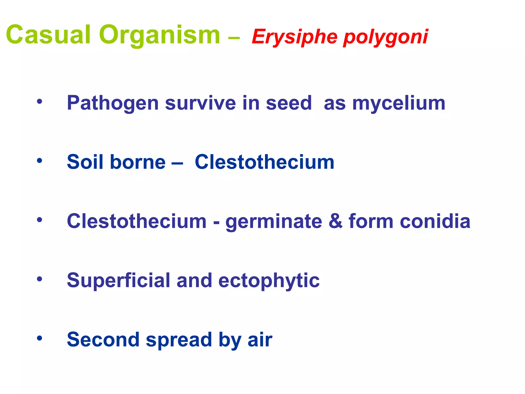 Casual Organism – Erysiphe polygoni
• Pathogen survive in seed as mycelium
• Soil borne – Clestothecium
• Clestothecium - germinate & form conidia
• Superficial and ectophytic
• Second spread by air