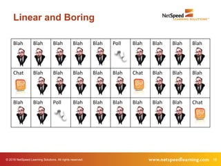 © 2016 NetSpeed Learning Solutions. All rights reserved. 16
Linear and Boring
Blah Blah Blah Blah Blah Poll Blah Blah Blah Blah
Chat Blah Blah Blah Blah Blah Chat Blah Blah Blah
Blah Blah Poll Blah Blah Blah Blah Blah Blah Chat
 