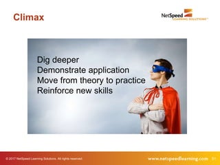 © 2017 NetSpeed Learning Solutions. All rights reserved. 51
Climax
Dig deeper
Demonstrate application
Move from theory to practice
Reinforce new skills
 