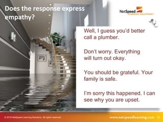 © 2019 NetSpeed Learning Solutions. All rights reserved. 33
Does the response express
empathy?
Well, I guess you’d better
call a plumber.
Don’t worry. Everything
will turn out okay.
You should be grateful. Your
family is safe.
I’m sorry this happened. I can
see why you are upset.
 