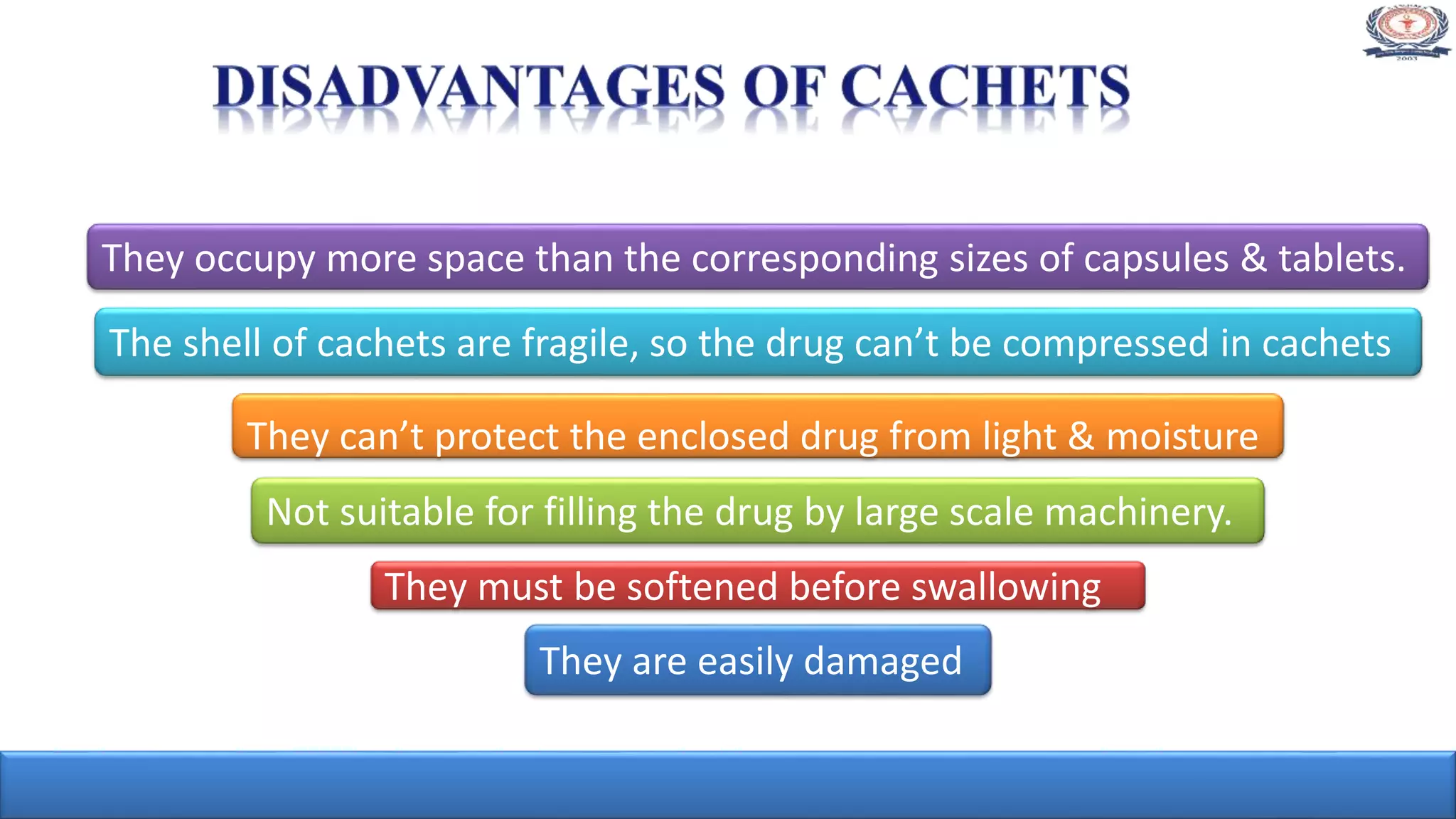 The shell of cachets are fragile, so the drug can’t be compressed in cachets
Not suitable for filling the drug by large scale machinery.
They can’t protect the enclosed drug from light & moisture
They occupy more space than the corresponding sizes of capsules & tablets.
They are easily damaged
They must be softened before swallowing
 
