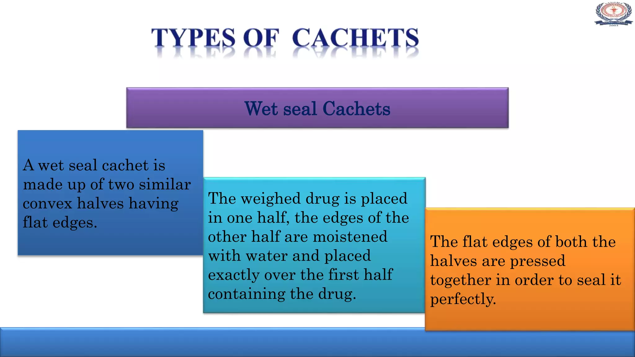 Wet seal Cachets
A wet seal cachet is
made up of two similar
convex halves having
flat edges.
The weighed drug is placed
in one half, the edges of the
other half are moistened
with water and placed
exactly over the first half
containing the drug.
The flat edges of both the
halves are pressed
together in order to seal it
perfectly.
 